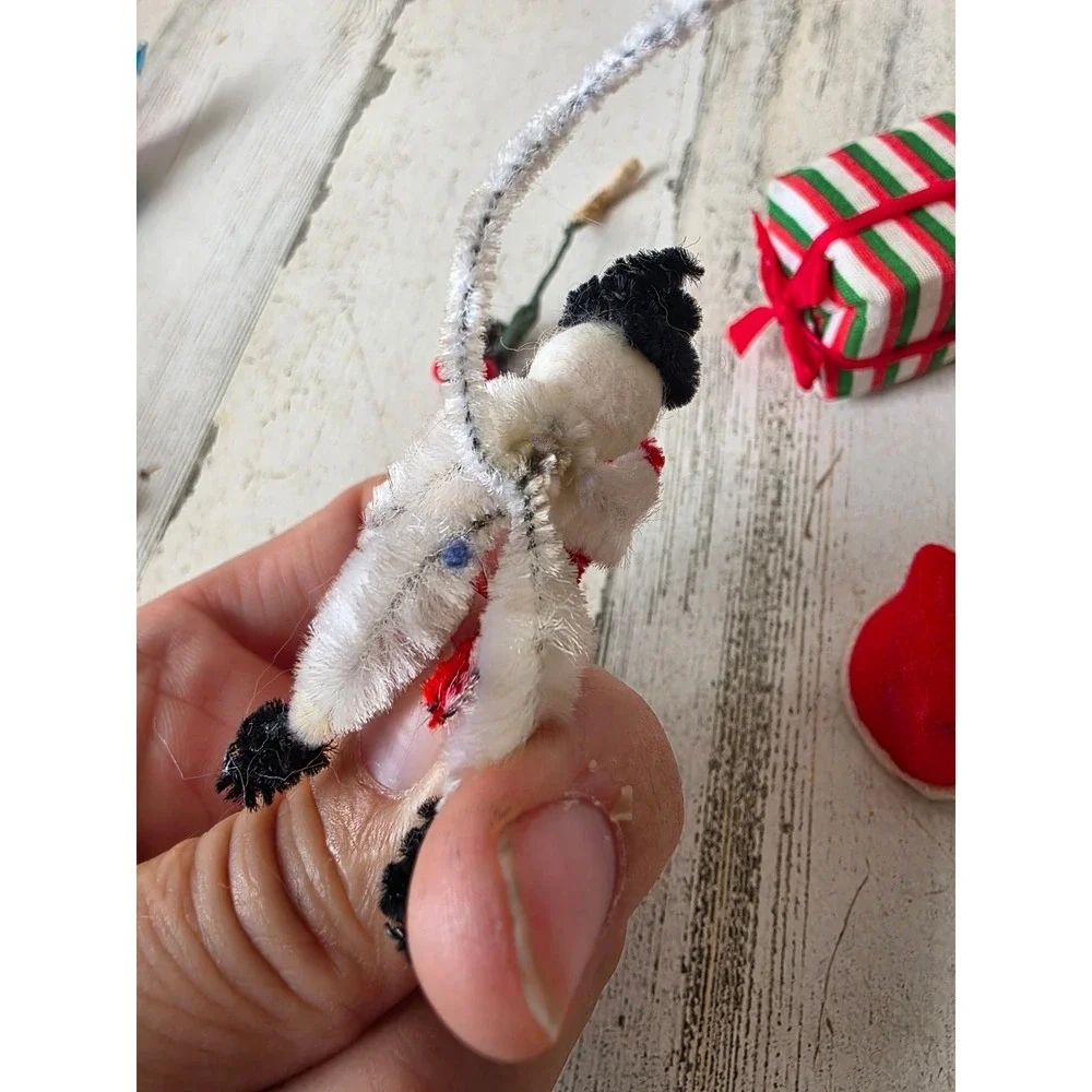 Vintage putz spun cotton snowman present mini stocking accessory ornament tree
